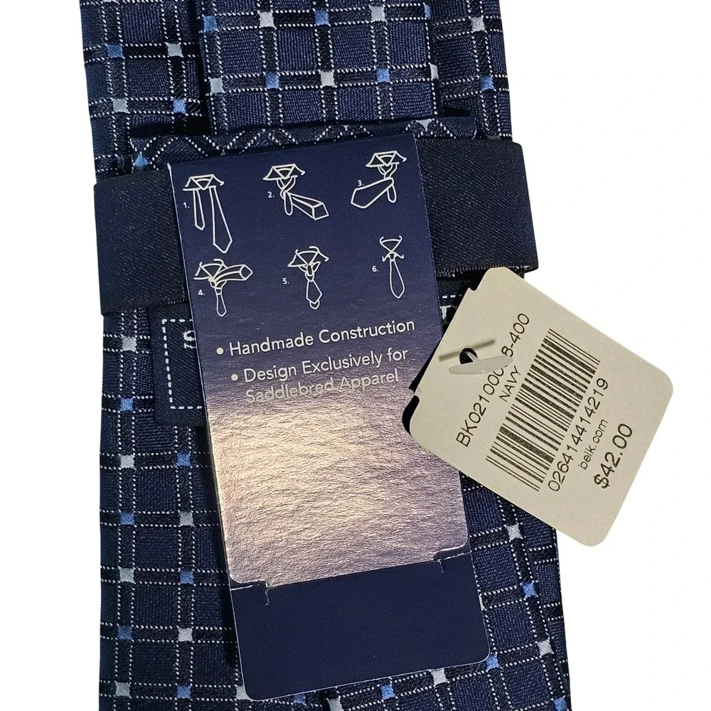 Saddlebred Necktie Navy Blue Plaid Checkered 68% Silk‎ - Handmade